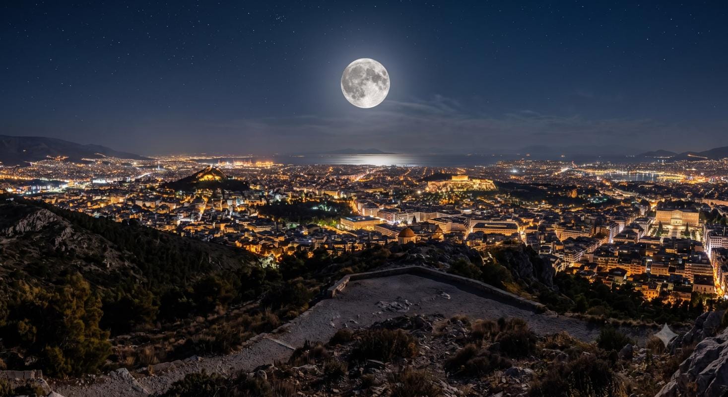 Nighttime Athens full moon